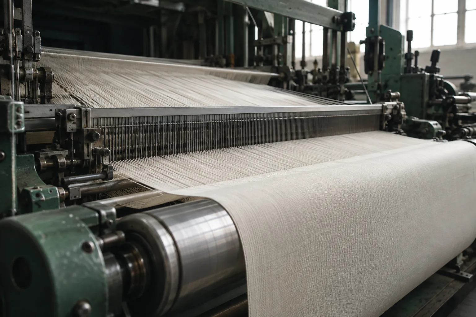 Process illustration showing industrial weaving, warp threads, a reed and woven cloth
